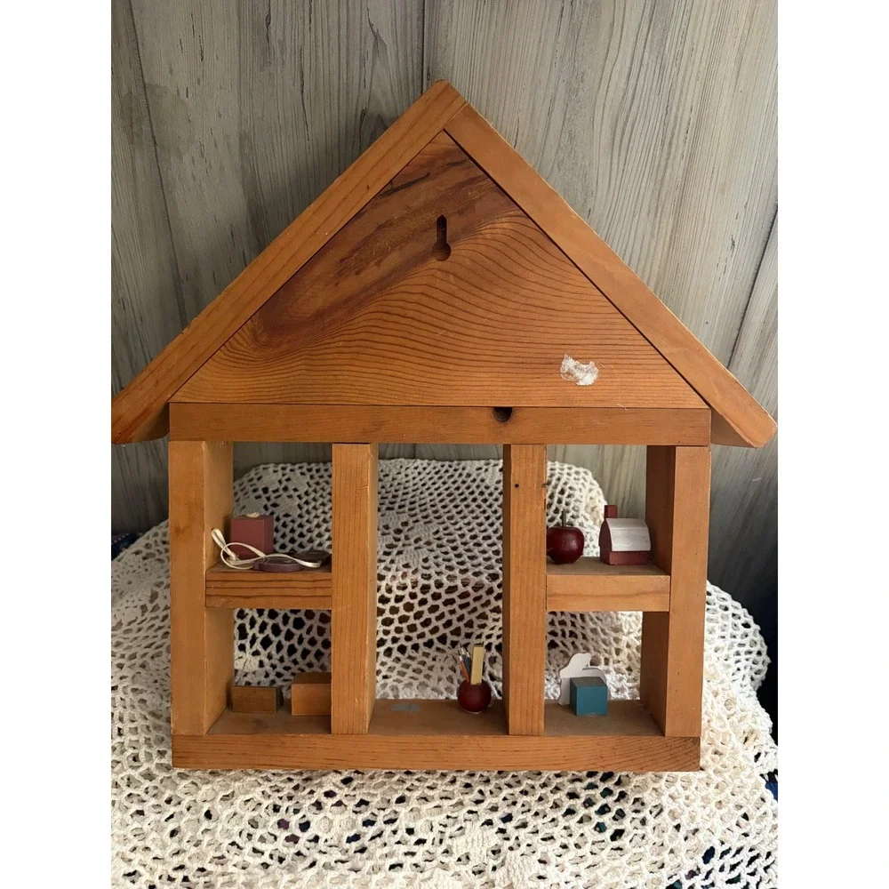 Vintage Wooden House Shadow Box Wall Shelf Country Farmhouse Decor Miniatures